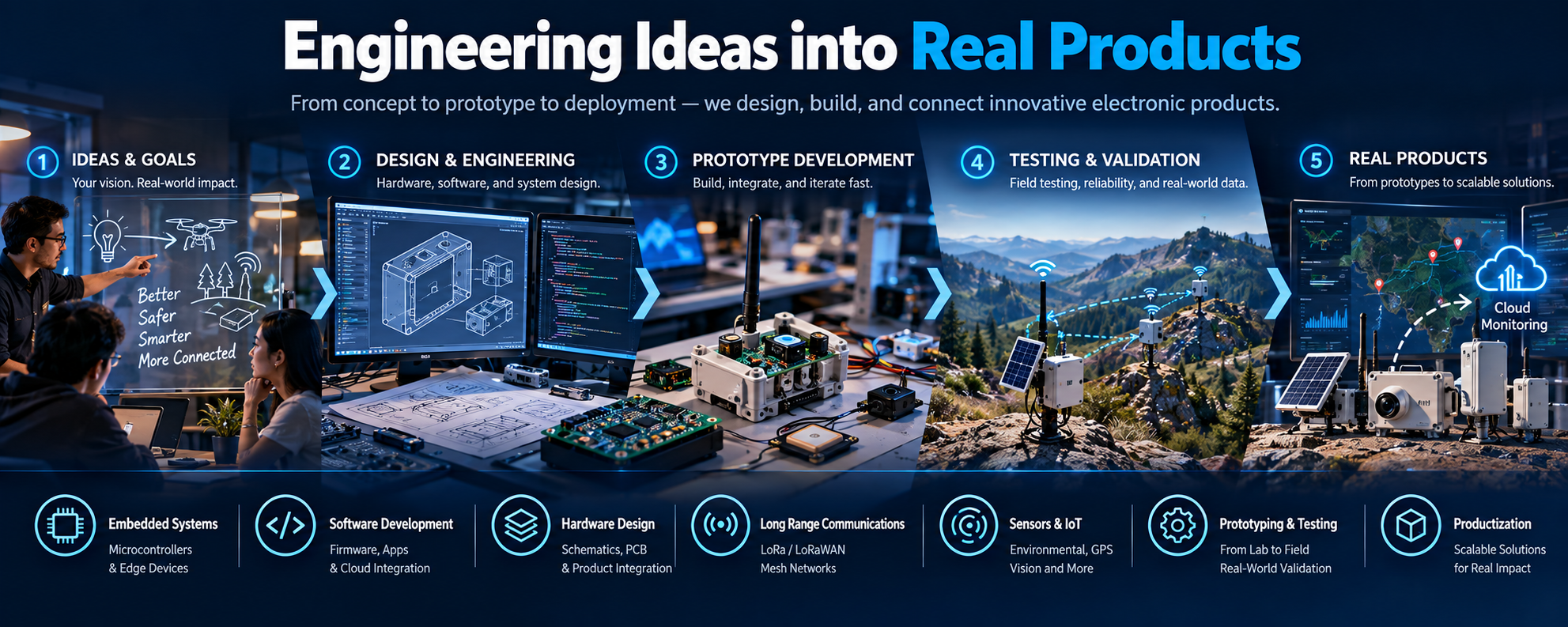 Engineering workflow from idea and design through prototyping, field testing, and real connected products